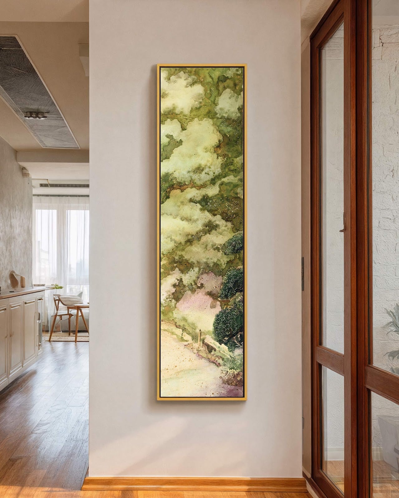 Vertical canvas wall art in interior setting.