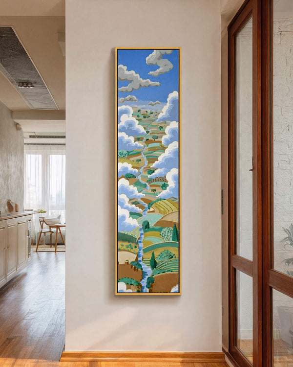 Vertical canvas wall art in interior setting.