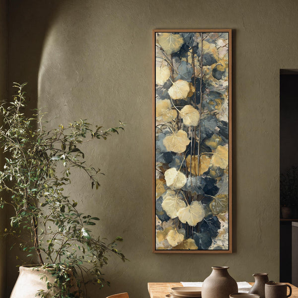 Vertical canvas wall art in interior setting.