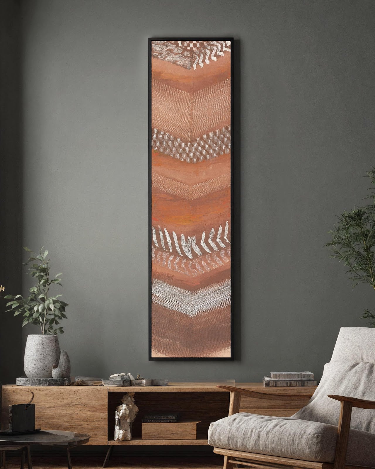 Vertical canvas wall art in interior setting.