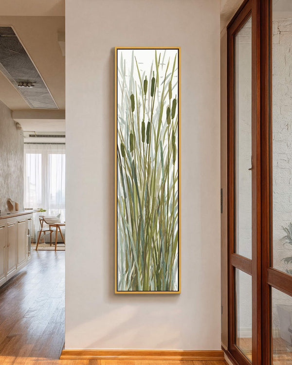 Vertical canvas wall art in interior setting.