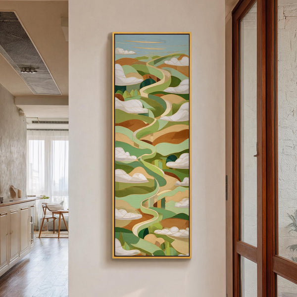 Vertical canvas wall art in interior setting.