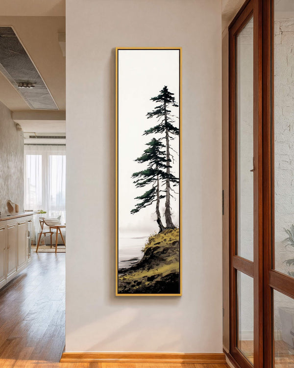 Vertical canvas wall art in interior setting.