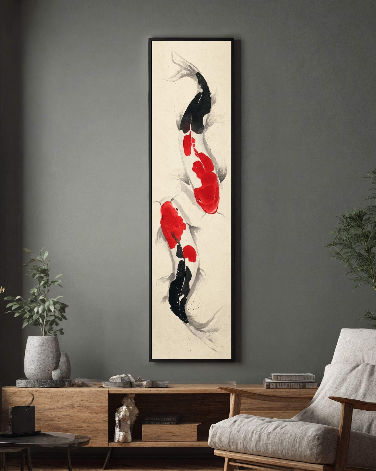 Vertical canvas wall art in interior setting.