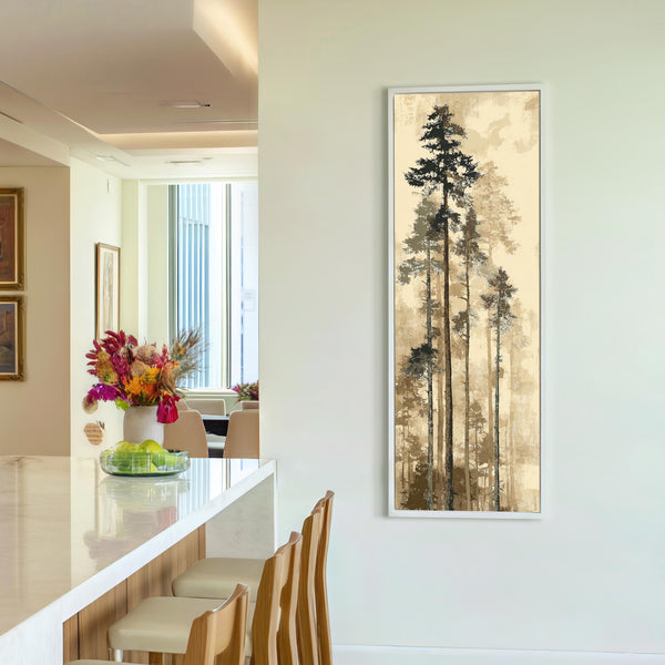 Vertical canvas wall art in interior setting.