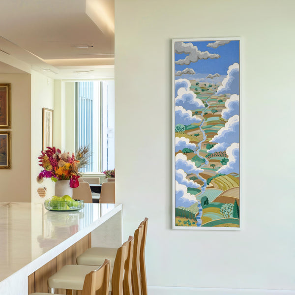 Vertical canvas wall art in interior setting.