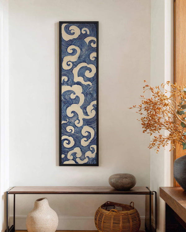 Vertical canvas wall art in interior setting.