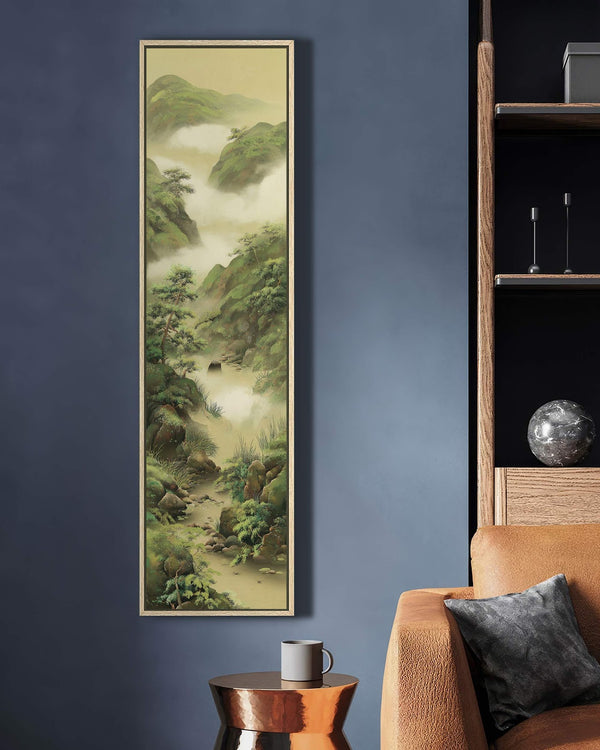 Vertical canvas wall art in interior setting.
