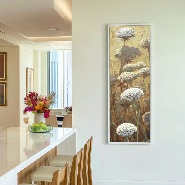 Vertical canvas wall art in interior setting.