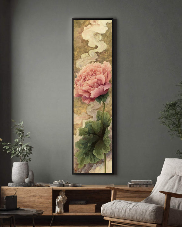 Vertical canvas wall art in interior setting.