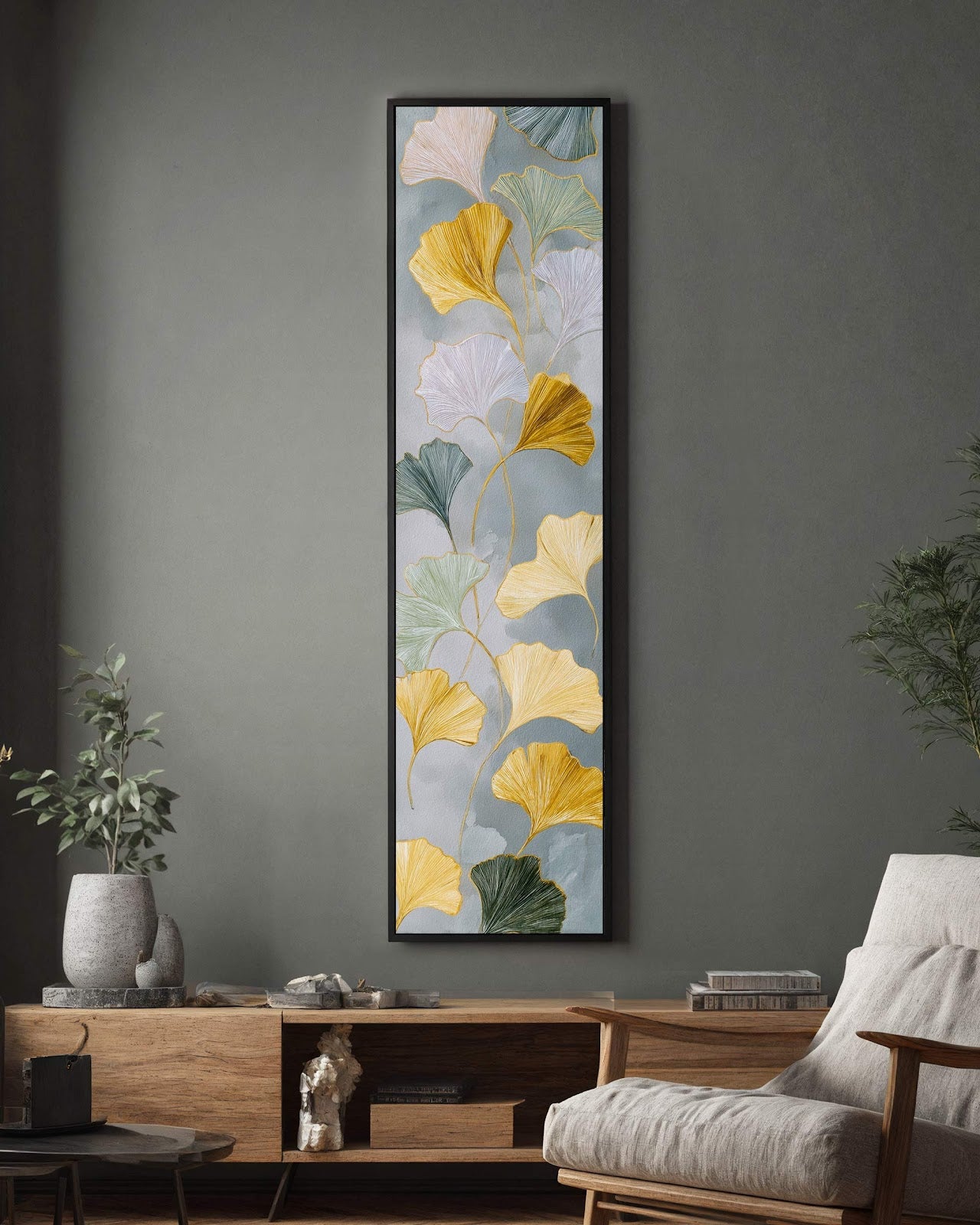 Vertical canvas wall art in interior setting.