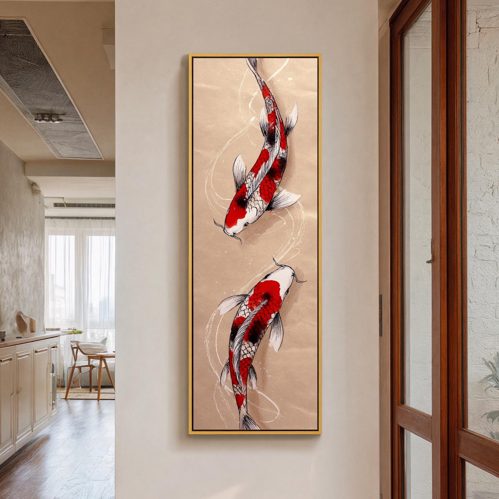 Vertical canvas wall art in interior setting.
