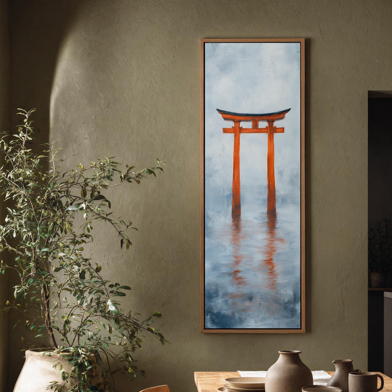 Vertical canvas wall art in interior setting.