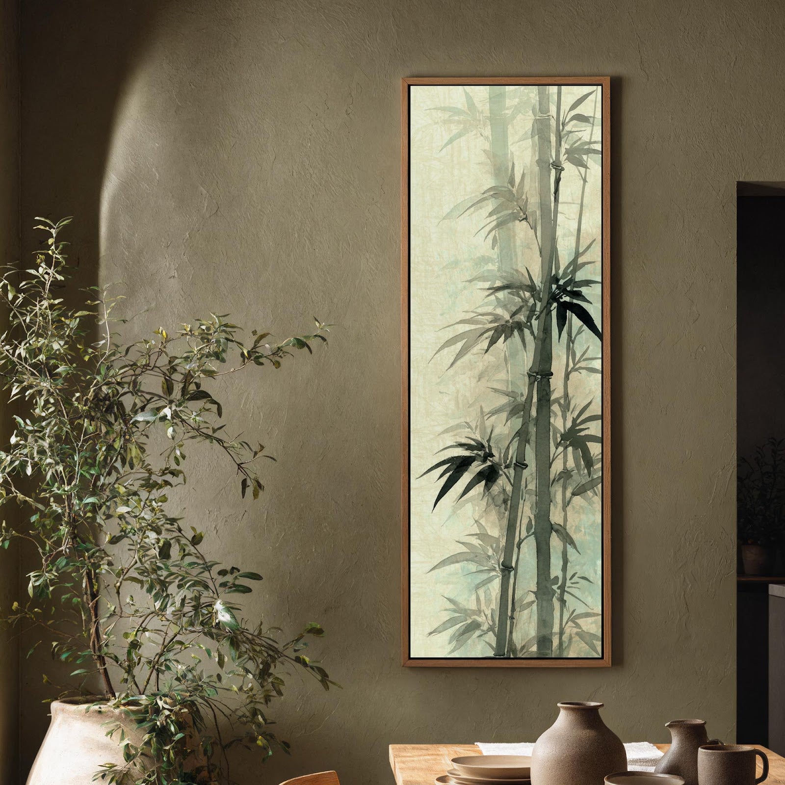 Vertical canvas wall art in interior setting.