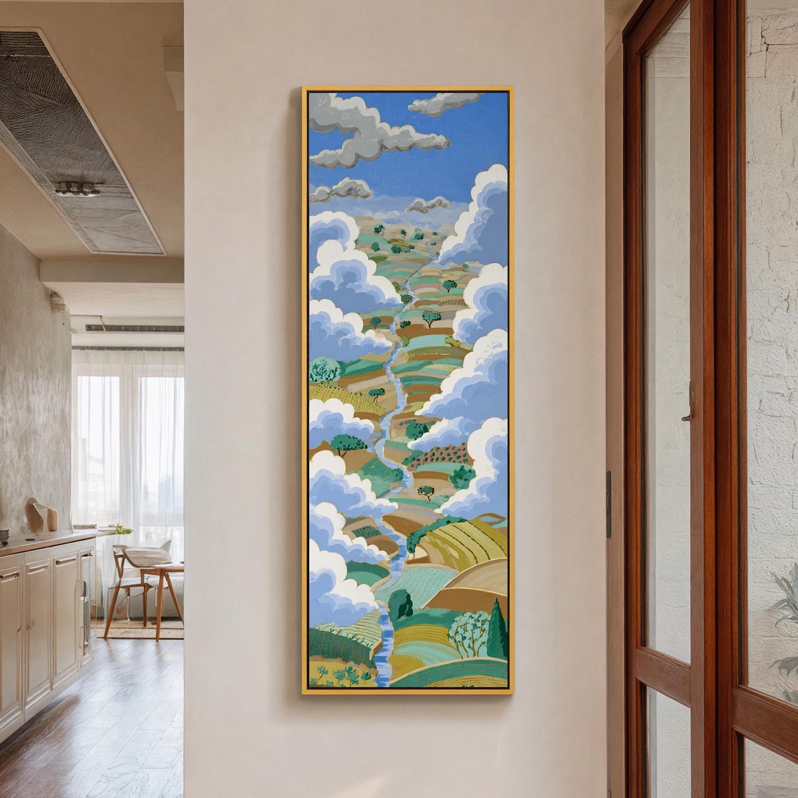 Vertical canvas wall art in interior setting.