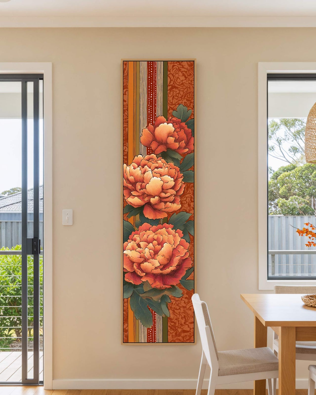 Vertical canvas wall art in interior setting.