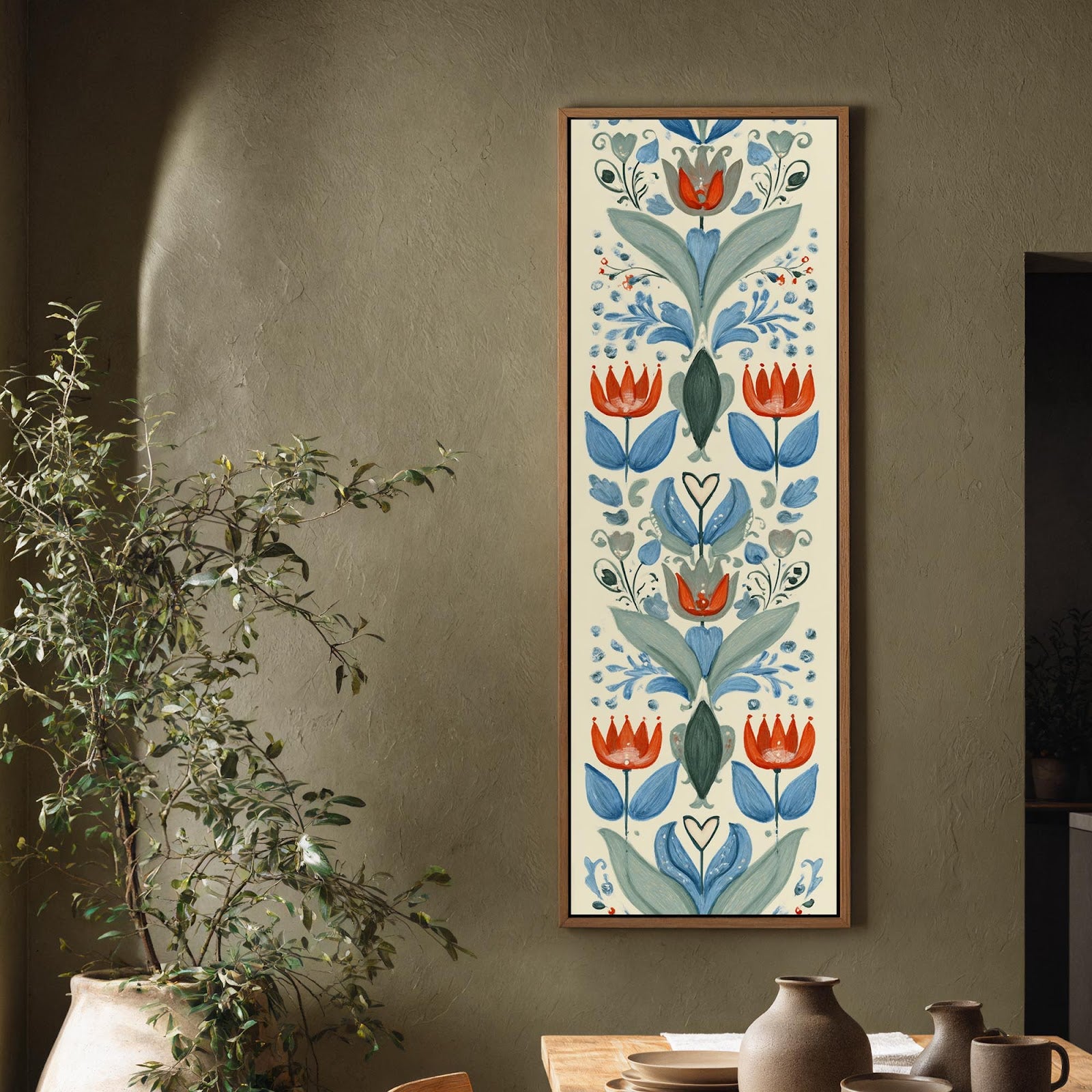 Vertical canvas wall art in interior setting.