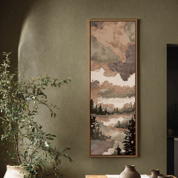 Vertical canvas wall art in interior setting.
