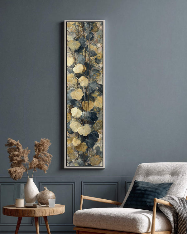 Vertical canvas wall art in interior setting.