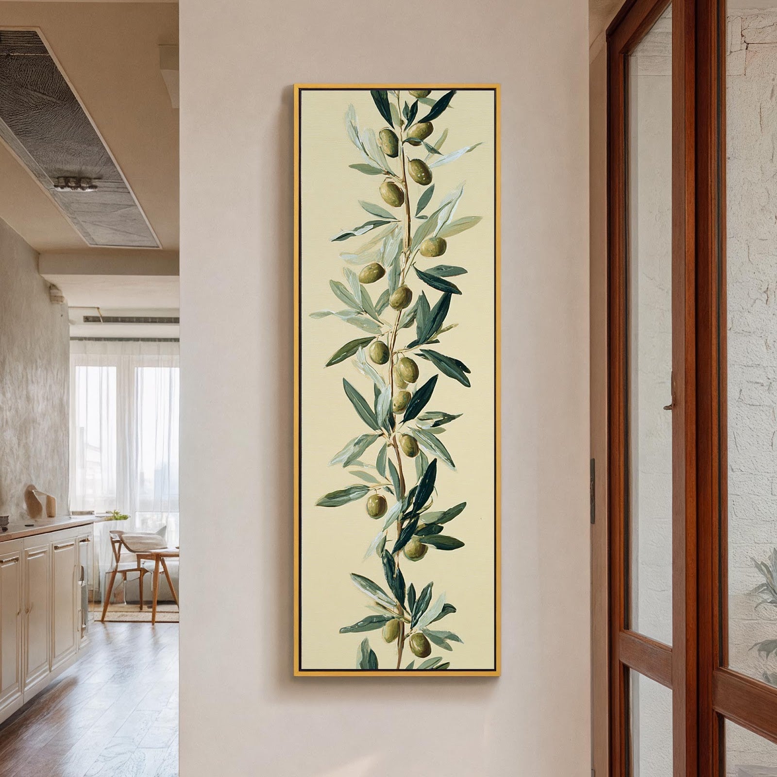 Vertical canvas wall art in interior setting.