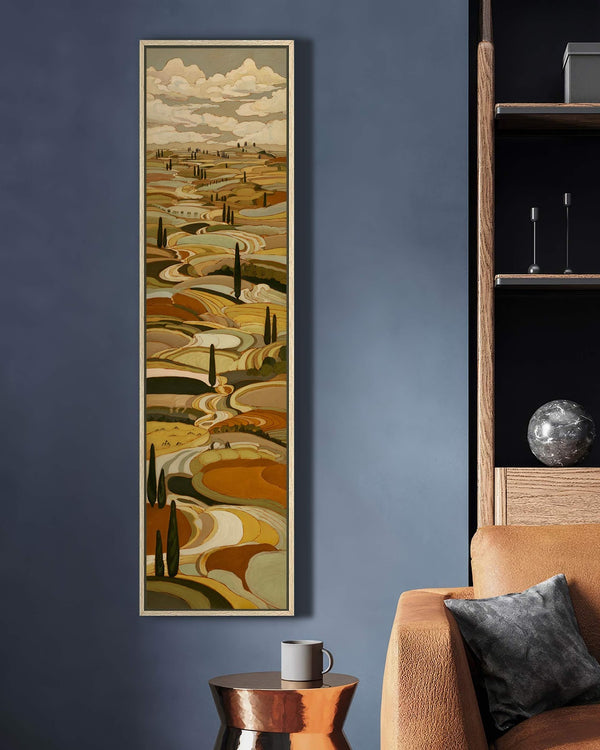 Vertical canvas wall art in interior setting.