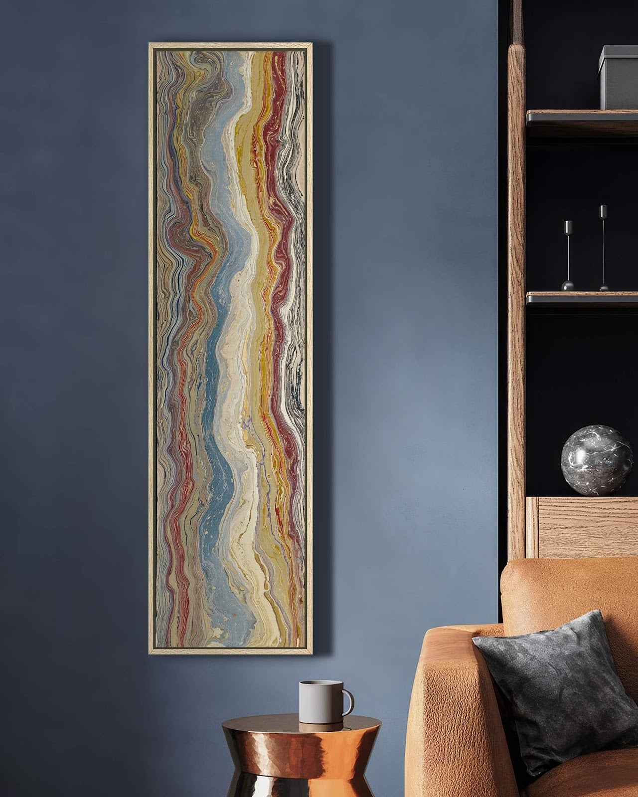 Vertical canvas wall art in interior setting.