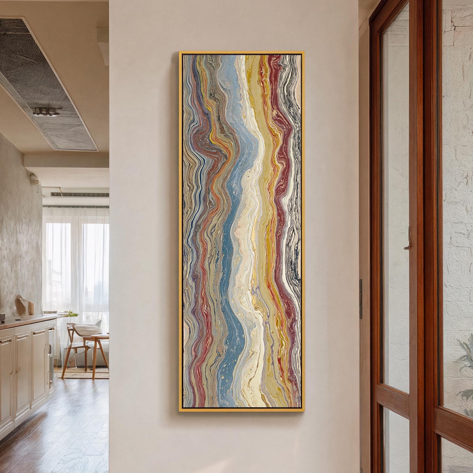 Vertical canvas wall art in interior setting.