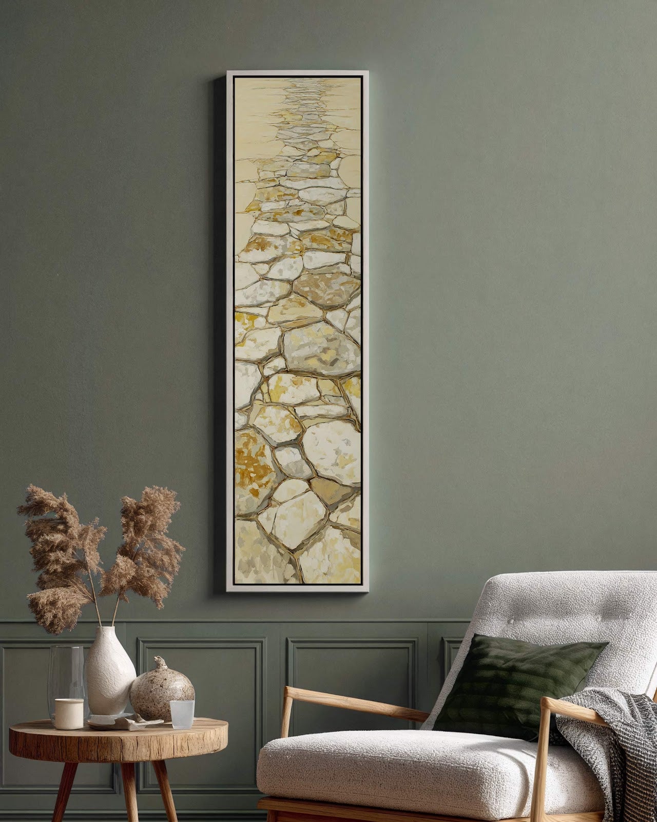 Vertical canvas wall art in interior setting.