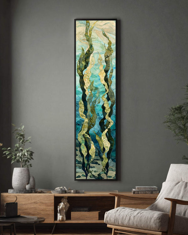 Vertical canvas wall art in interior setting.