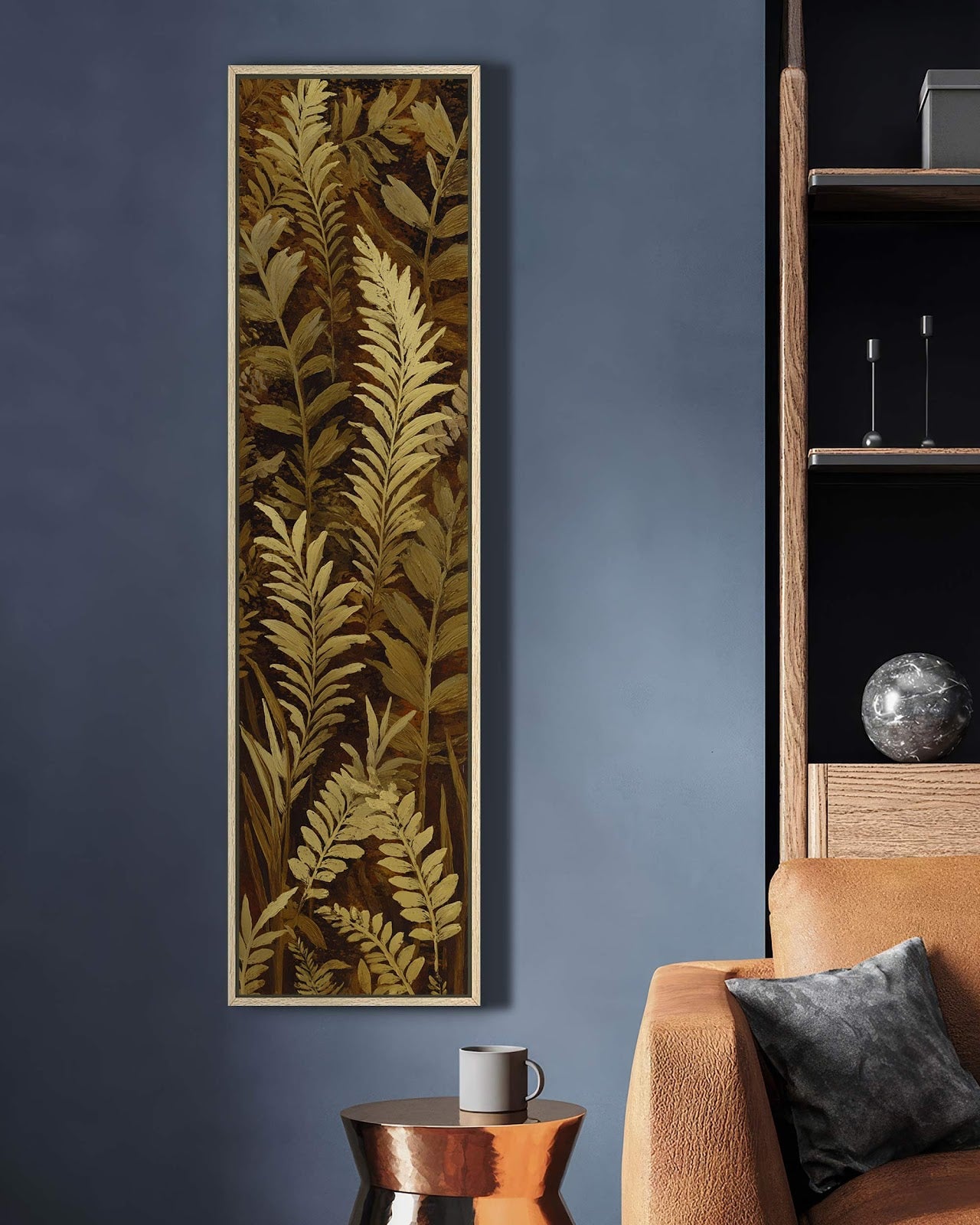Vertical canvas wall art in interior setting.
