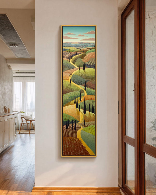 Vertical canvas wall art in interior setting.