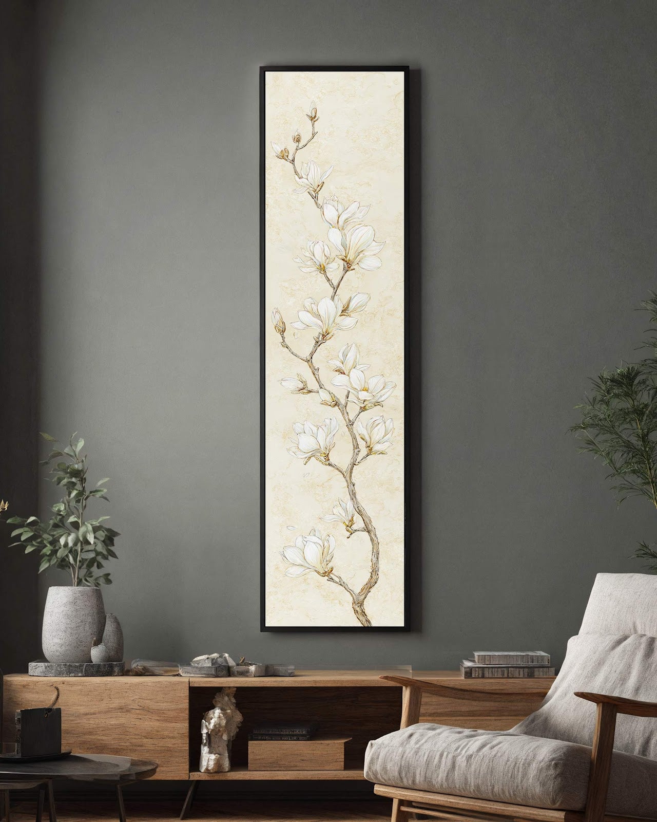 Vertical canvas wall art in interior setting.