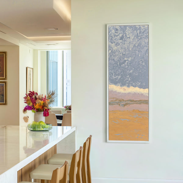 Vertical canvas wall art in interior setting.