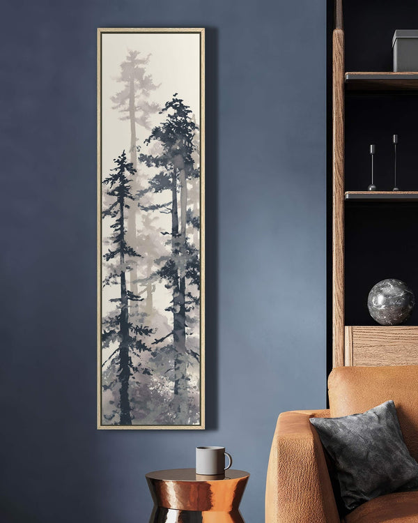 Vertical canvas wall art in interior setting.