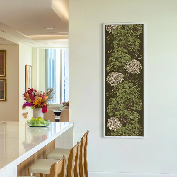 Vertical canvas wall art in interior setting.