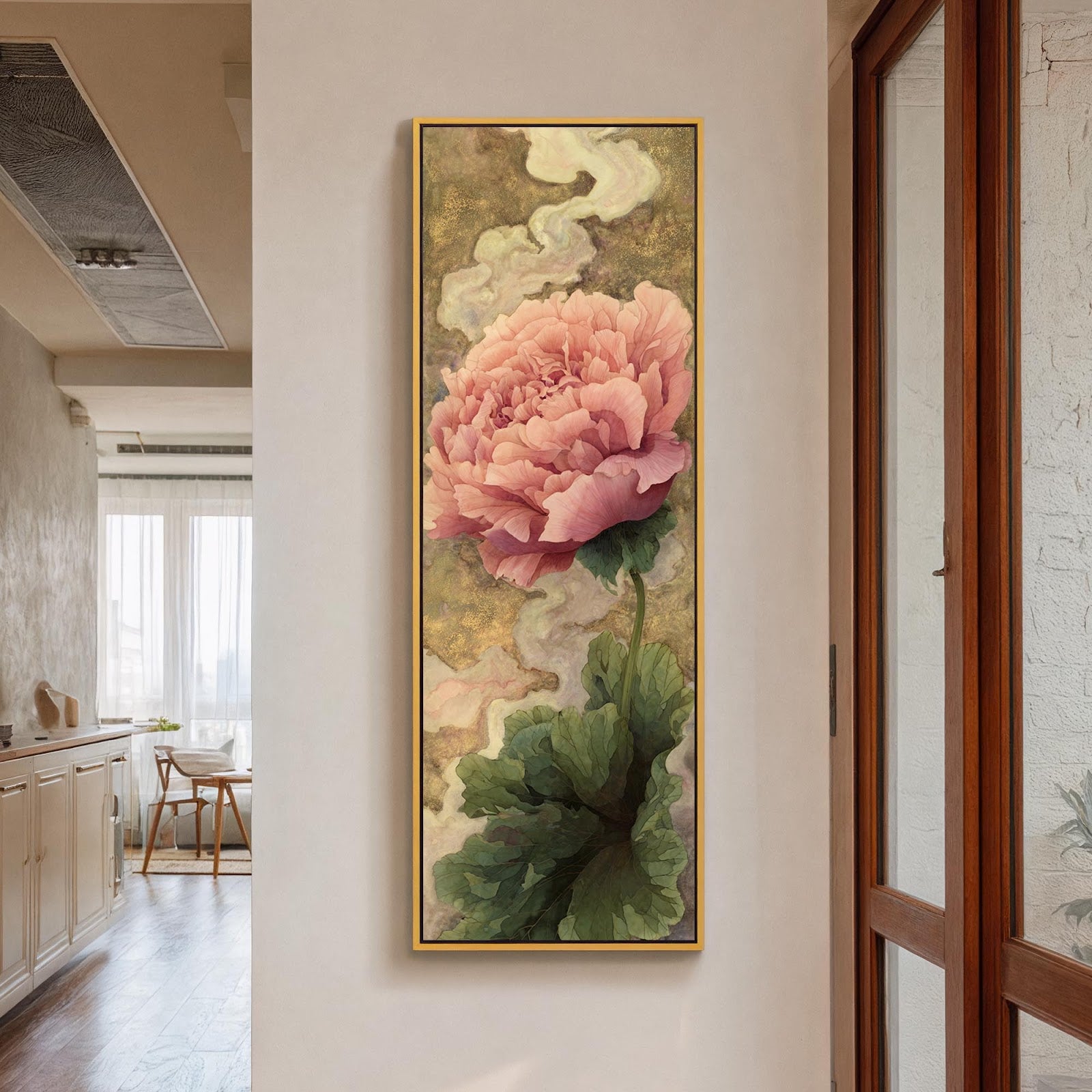 Vertical canvas wall art in interior setting.