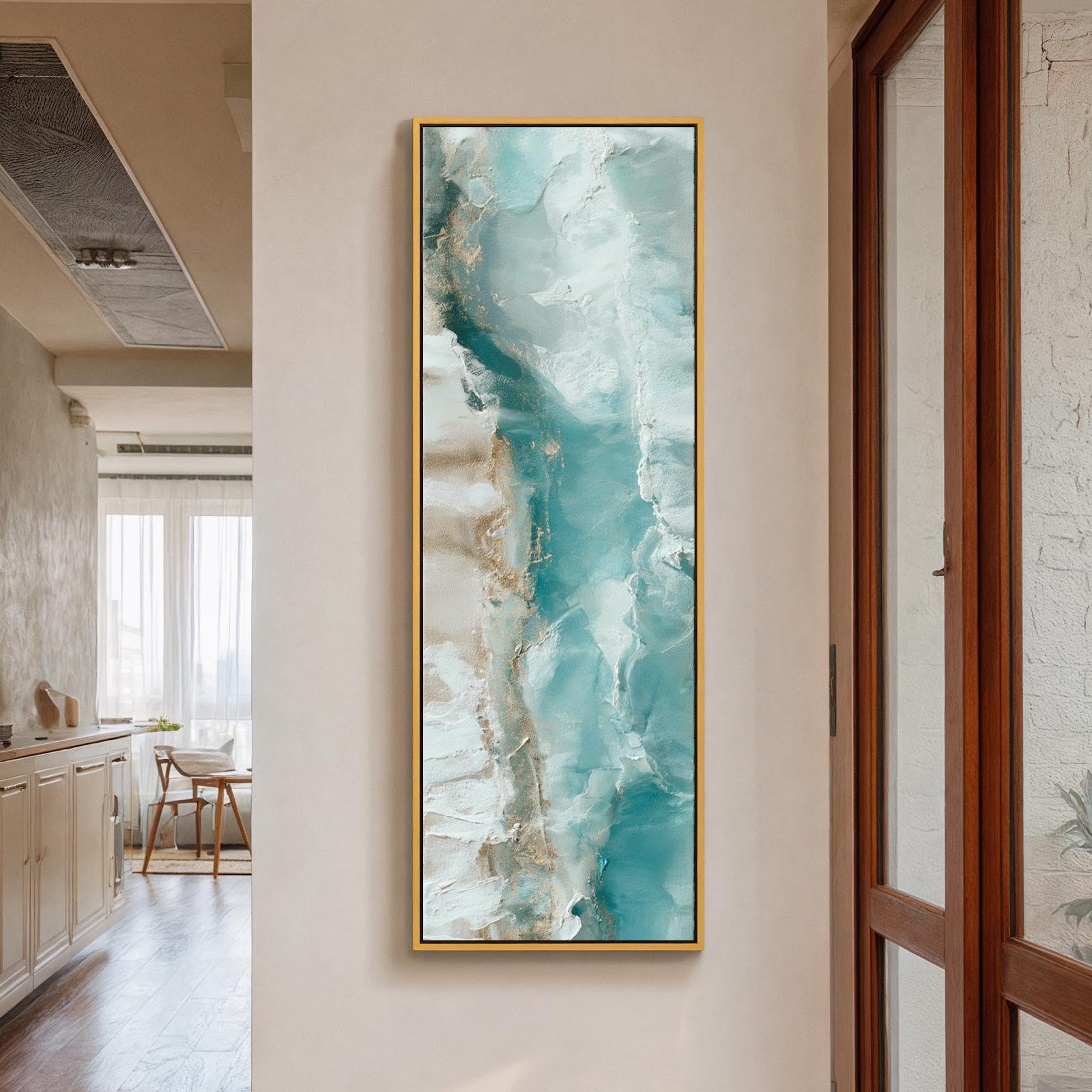 Vertical canvas wall art in interior setting.