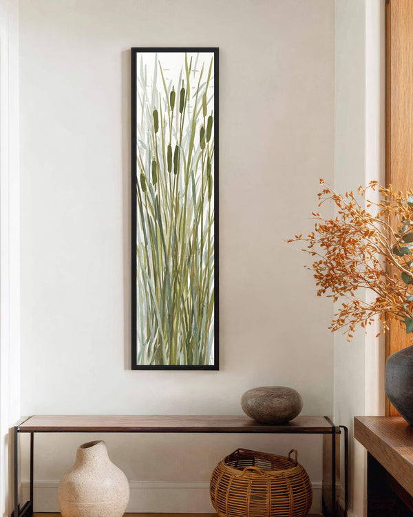 Vertical canvas wall art in interior setting.