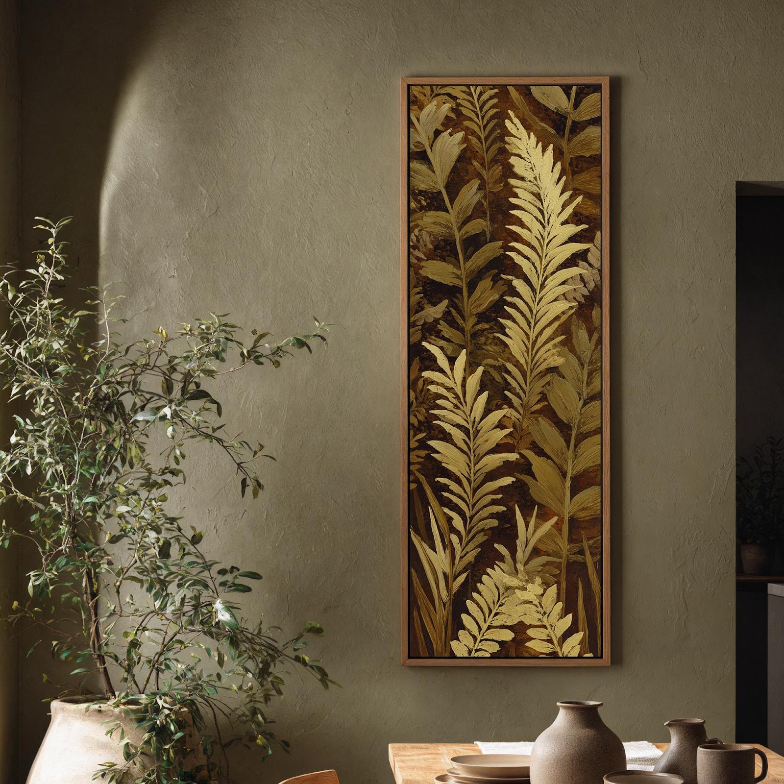 Vertical canvas wall art in interior setting.