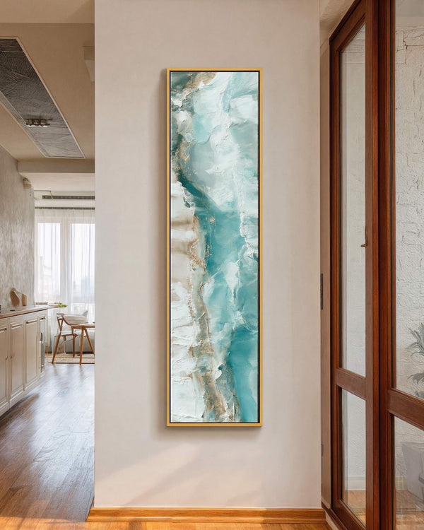 Vertical canvas wall art in interior setting.