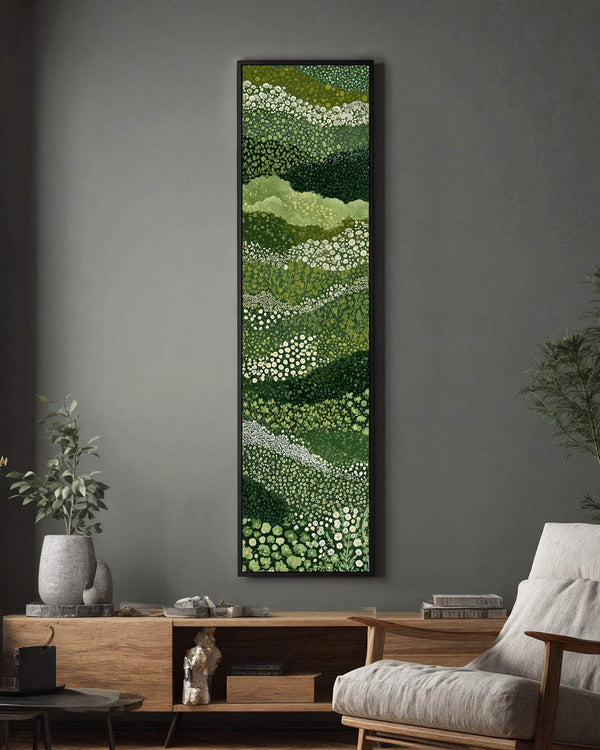 Vertical canvas wall art in interior setting.