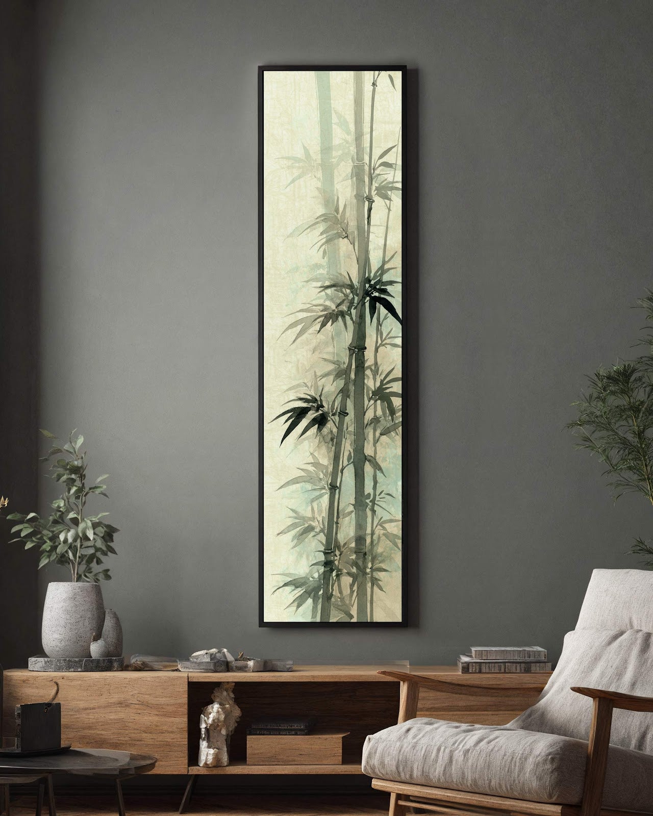 Vertical canvas wall art in interior setting.