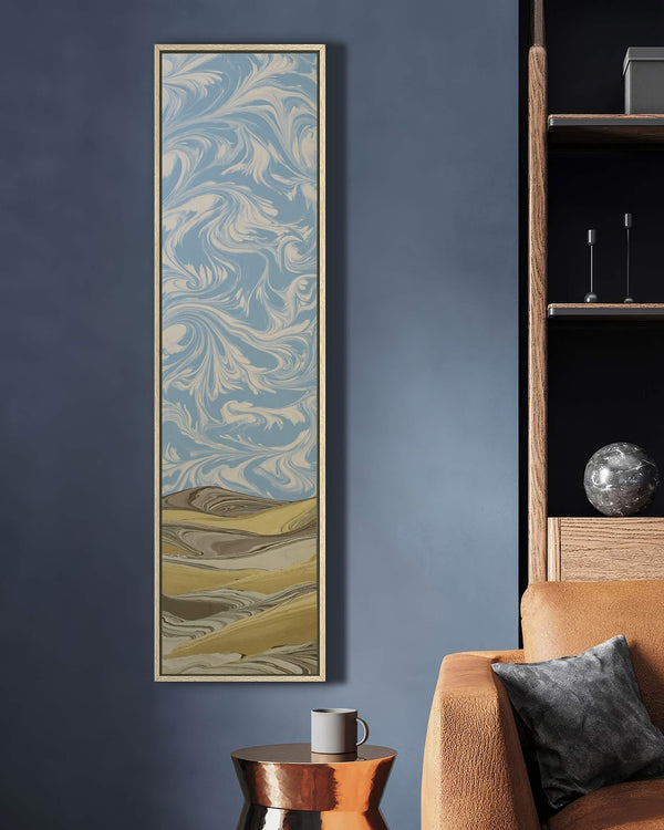 Vertical canvas wall art in interior setting.