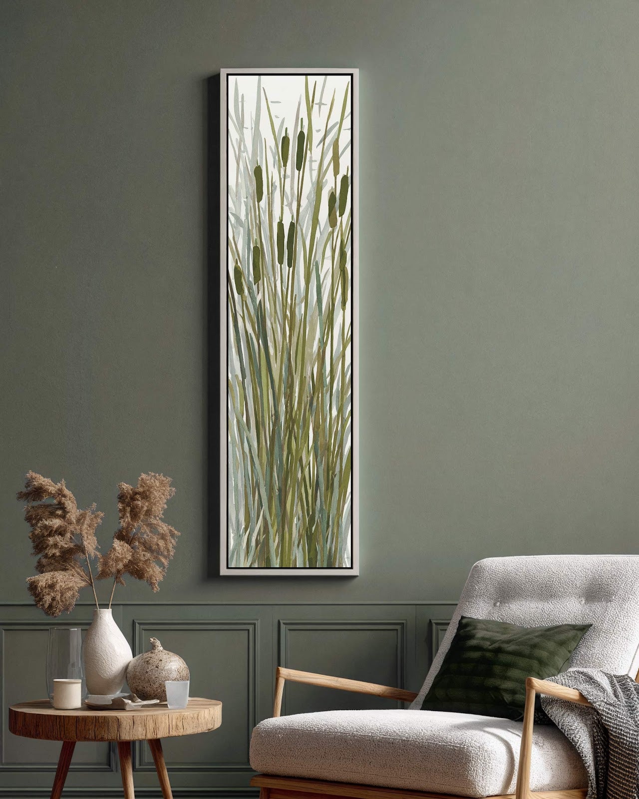 Vertical canvas wall art in interior setting.