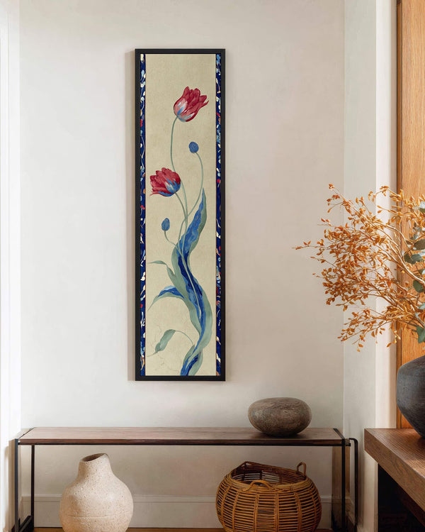 Vertical canvas wall art in interior setting.