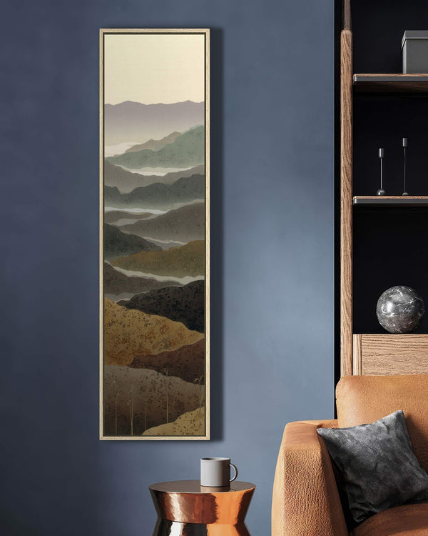 Vertical canvas wall art in interior setting.