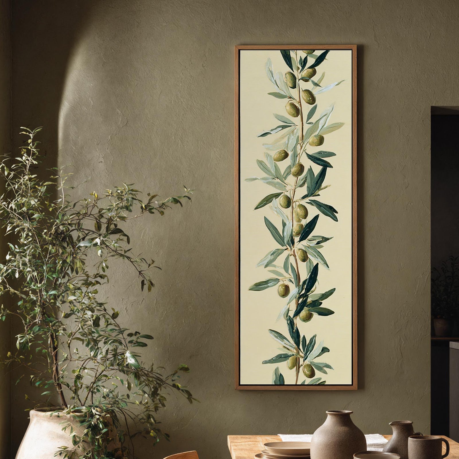 Vertical canvas wall art in interior setting.