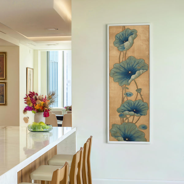Vertical canvas wall art in interior setting.
