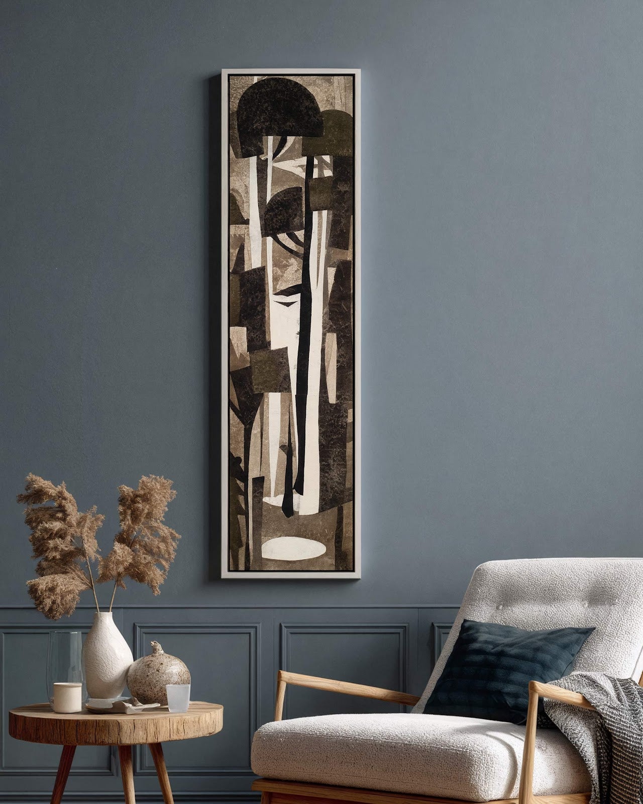 Vertical canvas wall art in interior setting.
