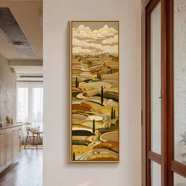 Vertical canvas wall art in interior setting.